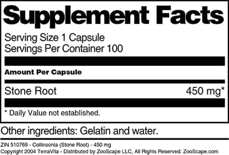 Collinsonia Stone Root 450mg – 100 Easy-to-Swallow Capsules for Digestive Health