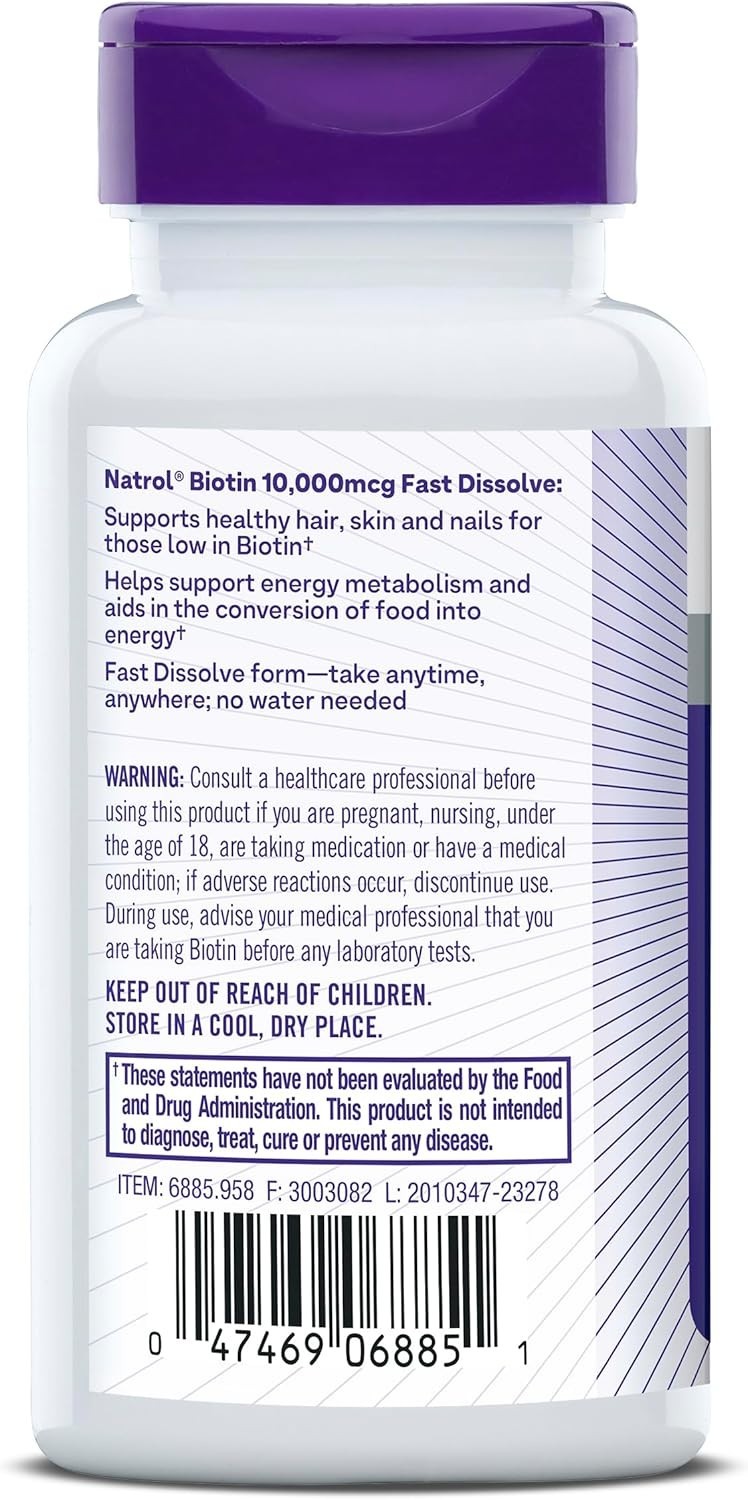 Natrol Biotin 10000mcg, 4X Faster Dissolve Supplement for Healthy Hair, Skin