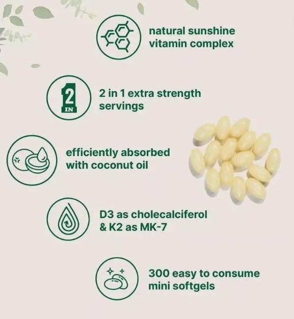 Vitamin D3 10000 iu Plus K2 (MK-7) 200 mcg, 300 Virgin Coconut Oil Softgels