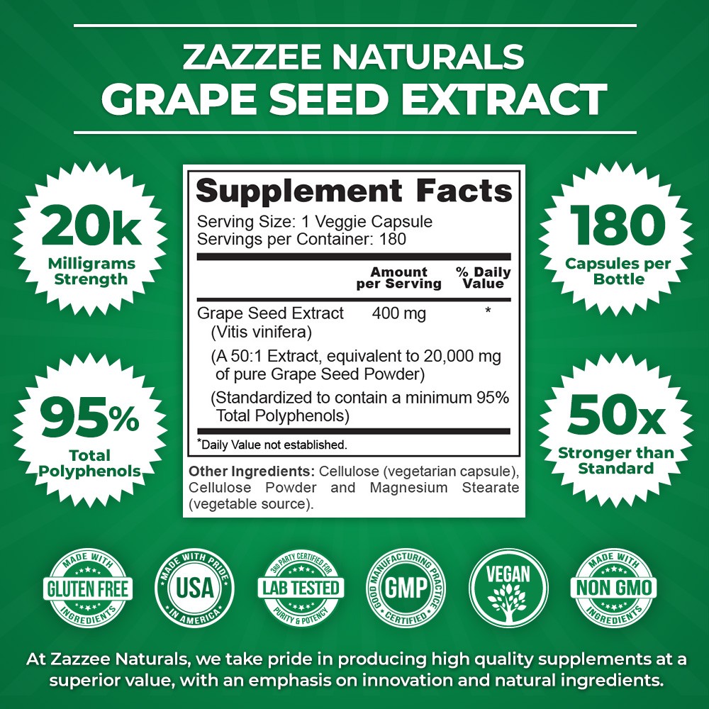 Grape Seed Extract 180 Veggie Capsules 400 mg 95% Polyphenols Antioxidant