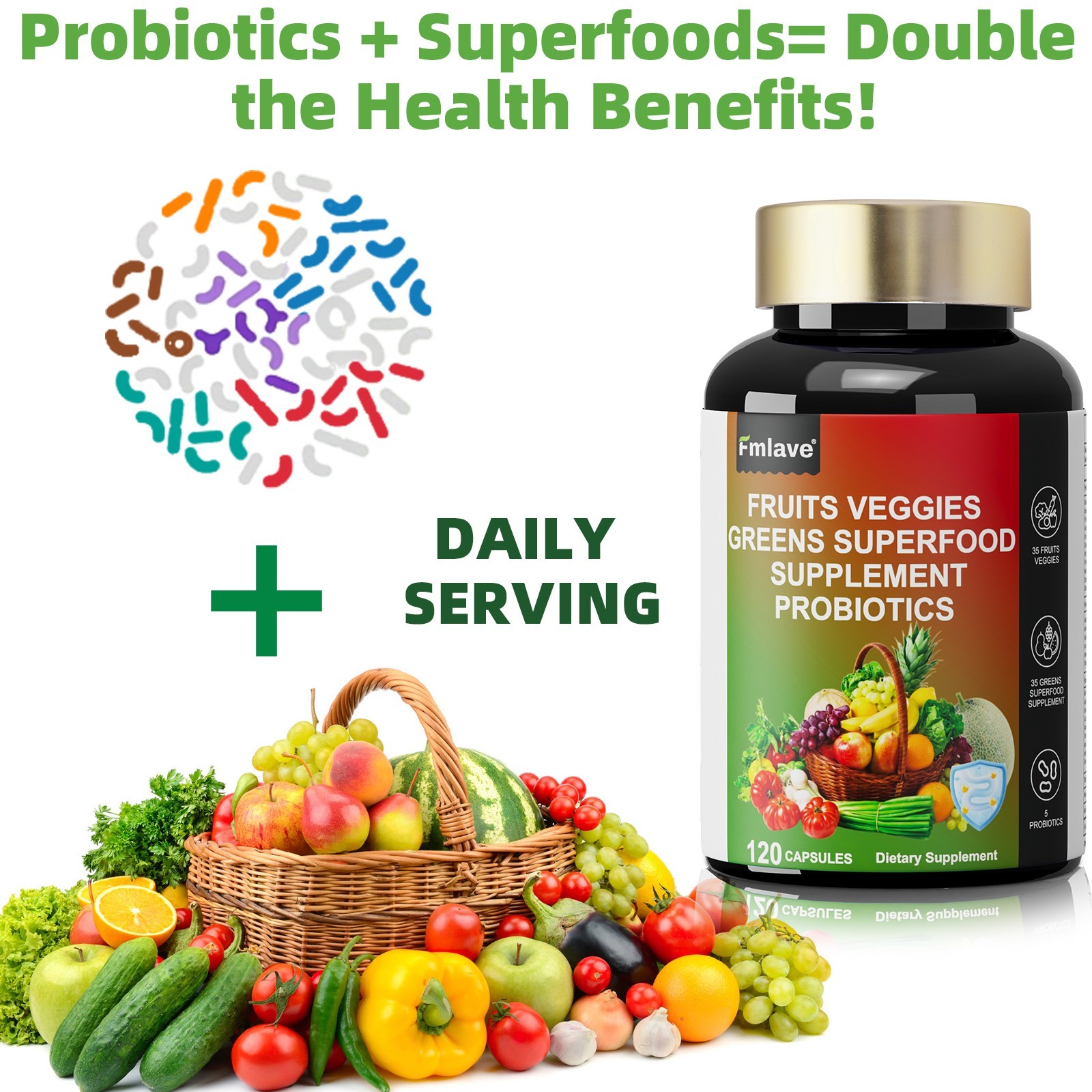 3pcs 70 Fruits and Veggies Whole Food Supplement w/ Probiotics for Gut 360 Count