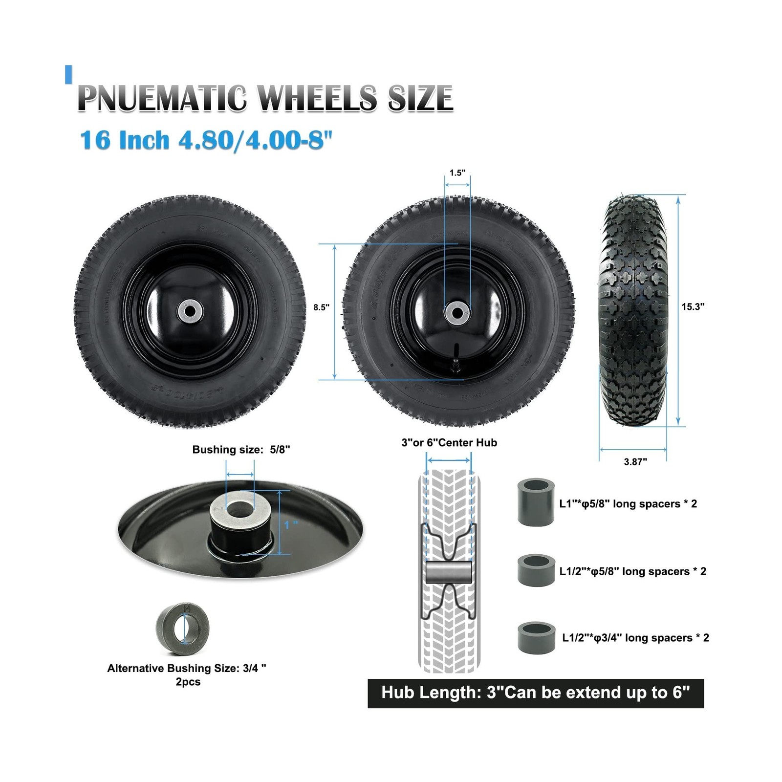 2-Pack of 4.80/4.00-8 Pneumatic Tire and Wheel,2PR (Air Filled)… FAST USA SHIP