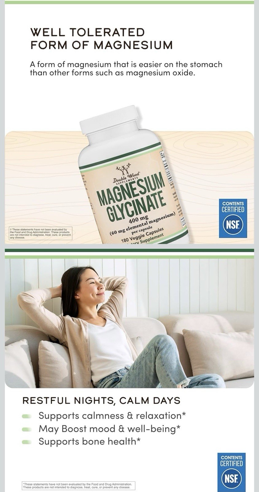 Double Wood Supplements Magnesium Glycinate 400mg 180 Veggie Capsules NSF GMP