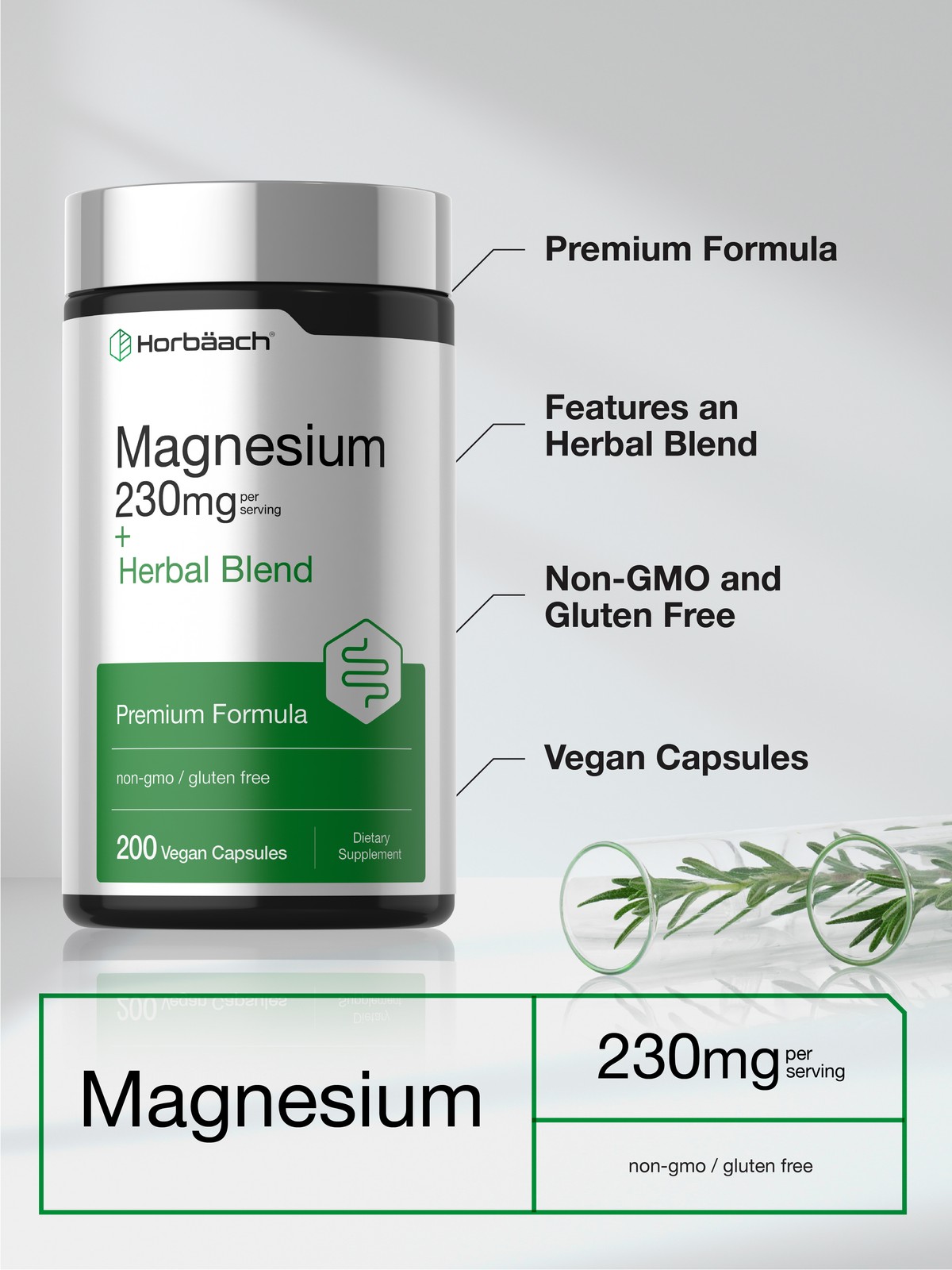 Magnesium Supplement 230mg | 200 Vegan Capsules | by Horbäach