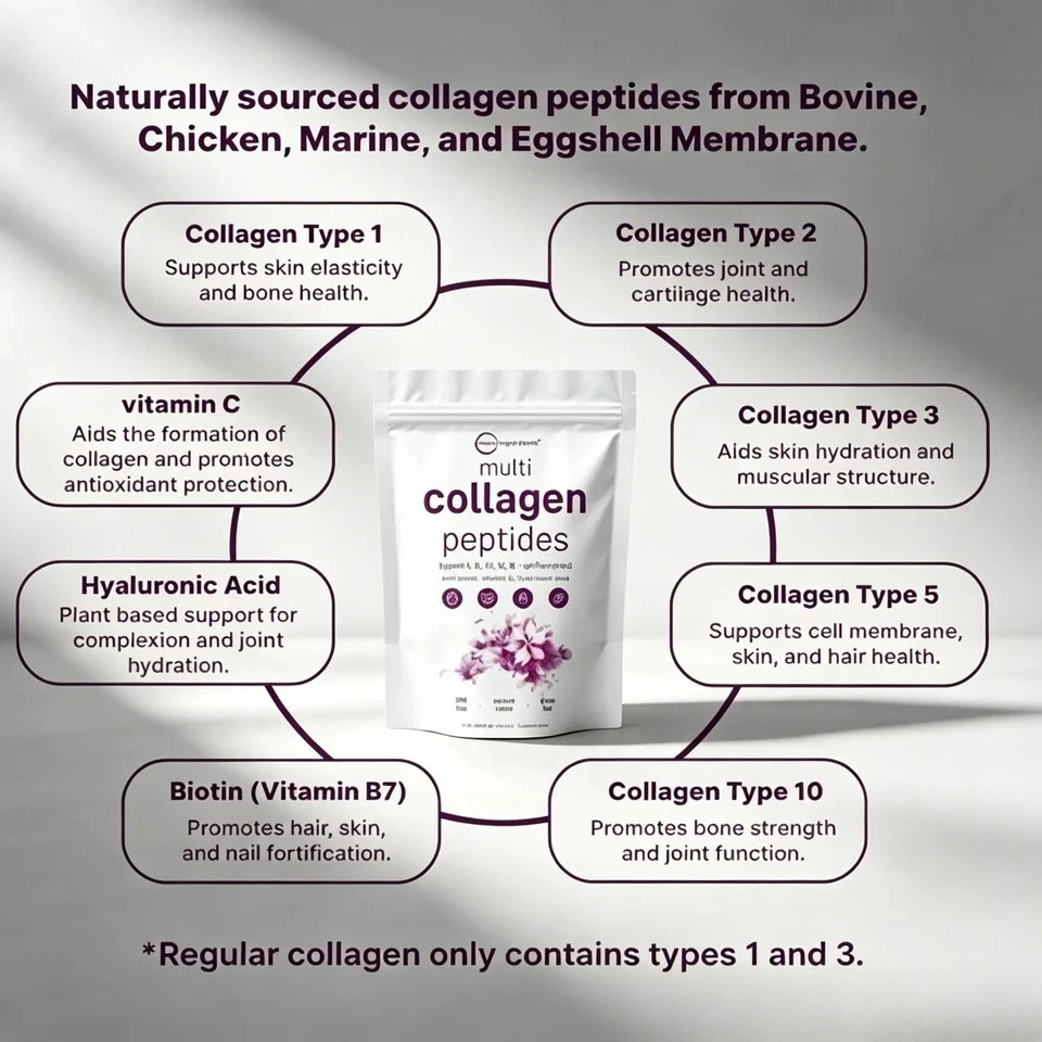 Micro Ingredients Multi Collagen Peptides–TypesI,II,III,V,X,1lb for Skin & Joint