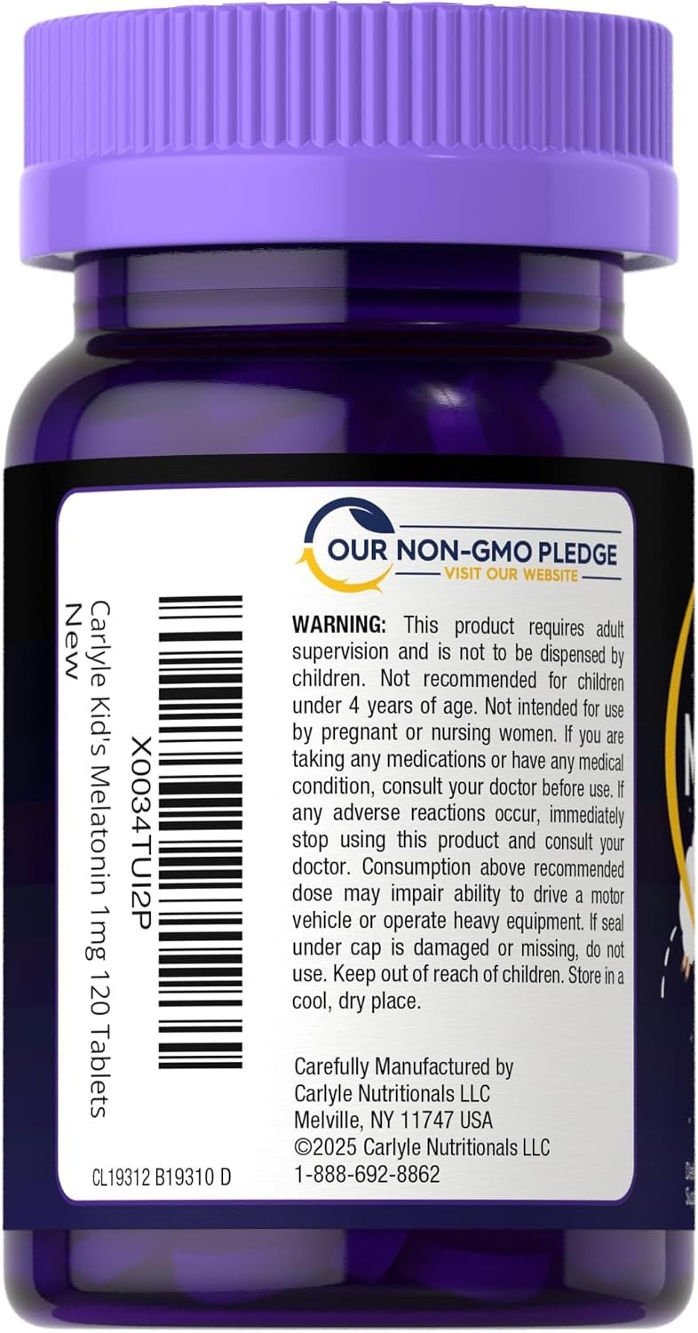 Carlyle Kids Melatonin 1mg 120 Chewable Tablets Fruit Vegetarian Gluten Free Non
