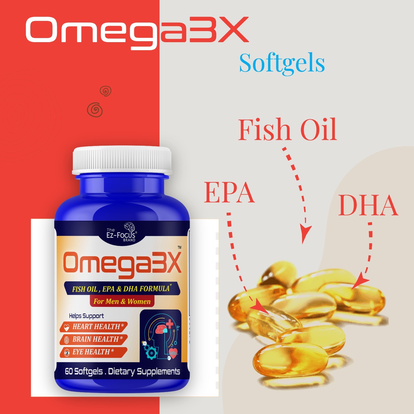 Adult Brain Booster Omega 3 Fish Oil Nootropic Brain Supplement Memory Focus 60