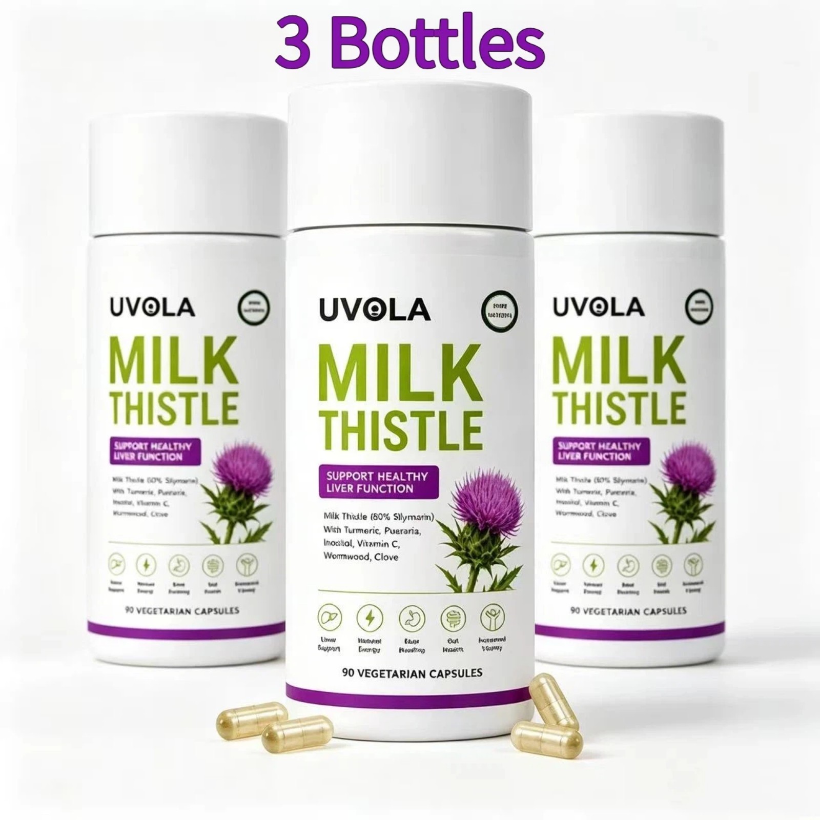 3×Uvola Milk Thistle Supplement, 80% Silymarin Liver Support Formula,90 Capsules