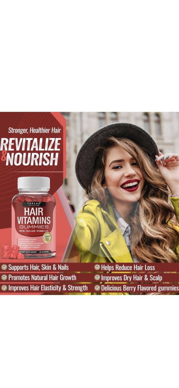 Hair Vitamin Gummies Supplement.Unisex,Hair Growth Vitamins-5000mcg Biotin-60Gum