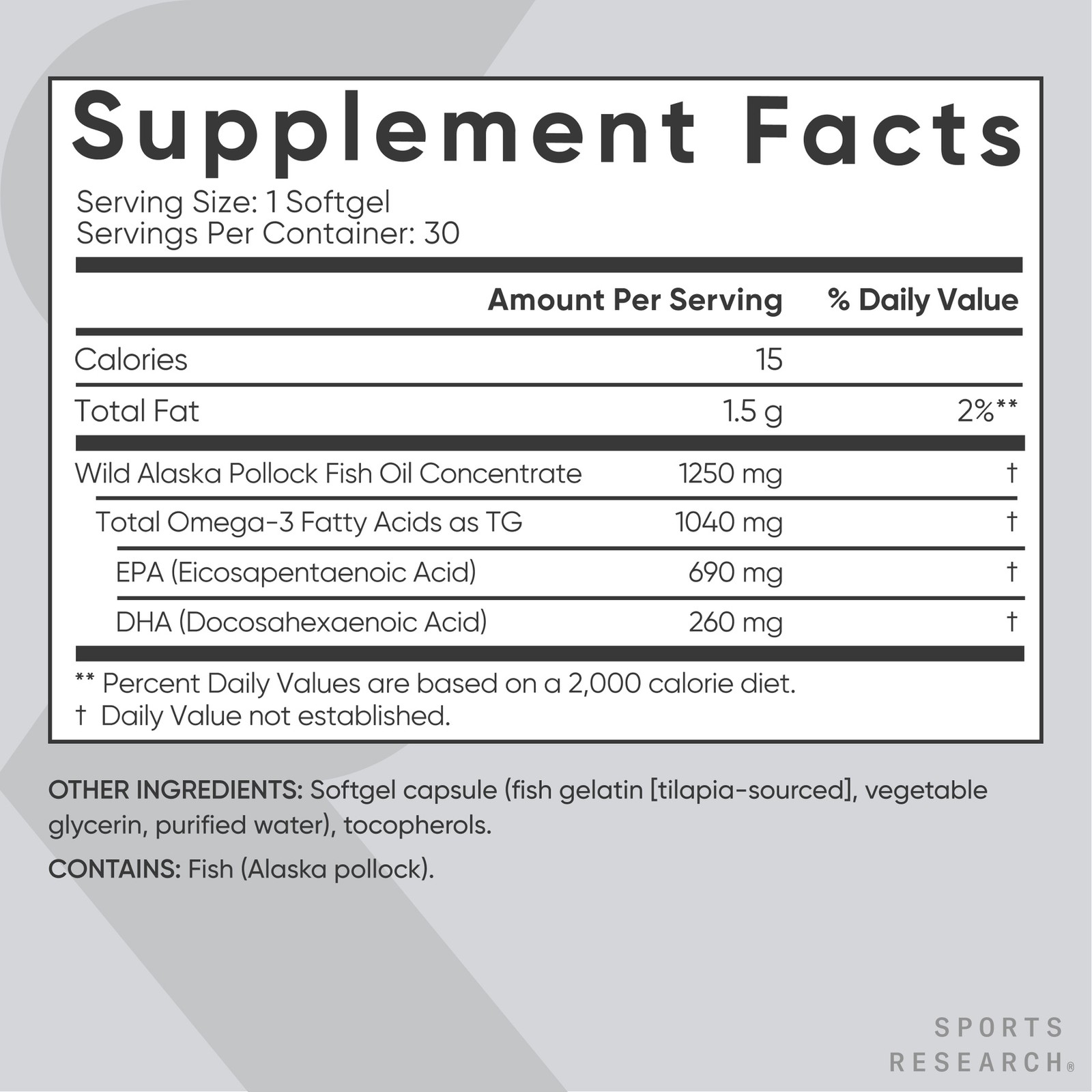 Triple Strength Omega 3 Fish Oil 1250mg Wild Alaska Pollock Burpless 30 Softgels