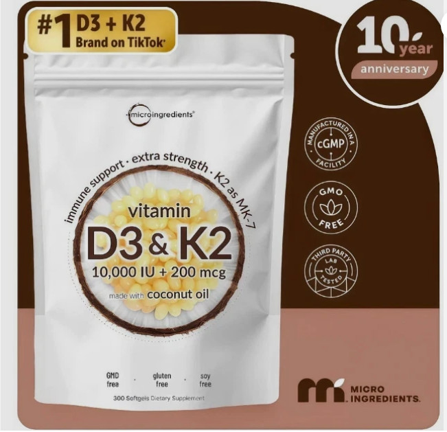 Vitamin D3 10000 iu Plus K2 (MK-7) 200 mcg, 300 Virgin Coconut Oil Softgels