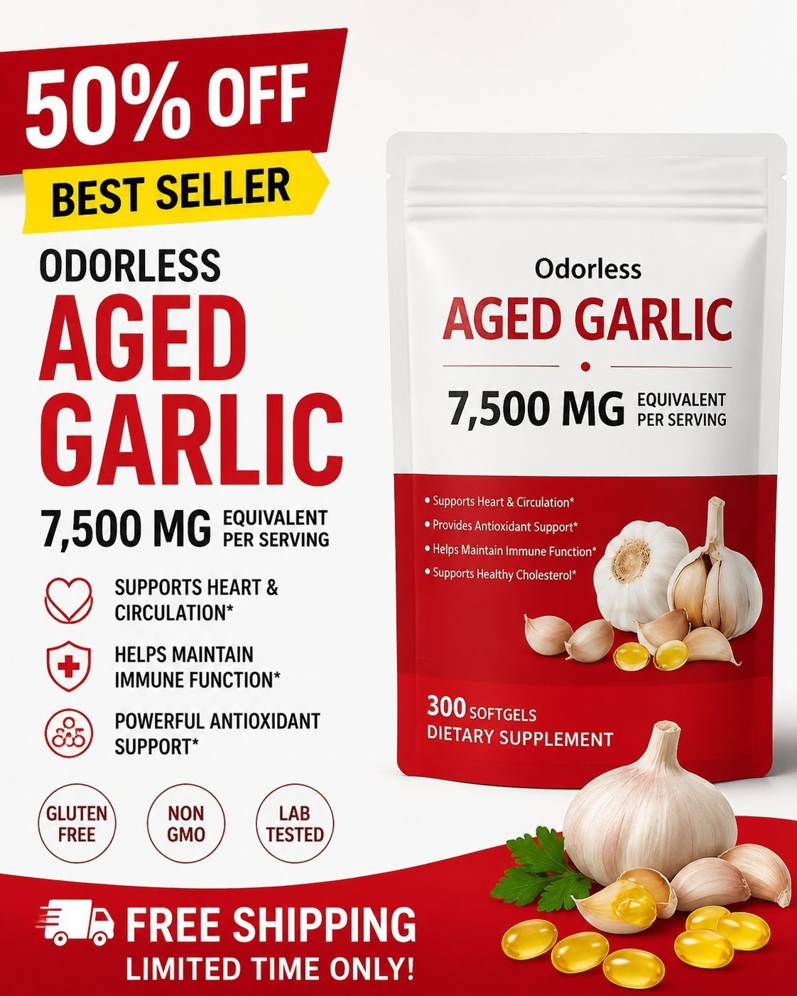 Odorless Garlic 7500Mg per Servings, 300 Softgels | 2 Years Aged Garlic Extra…