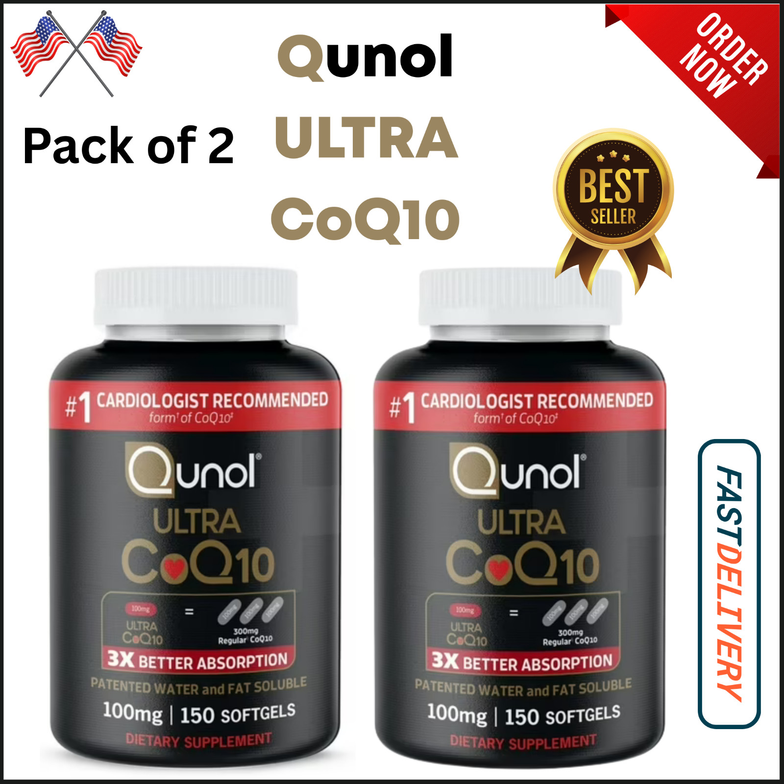 Pack of 2 QUNOL ULTRA COQ10 100mg – 300 SoftGels New & Sealed Exp. 12/2028