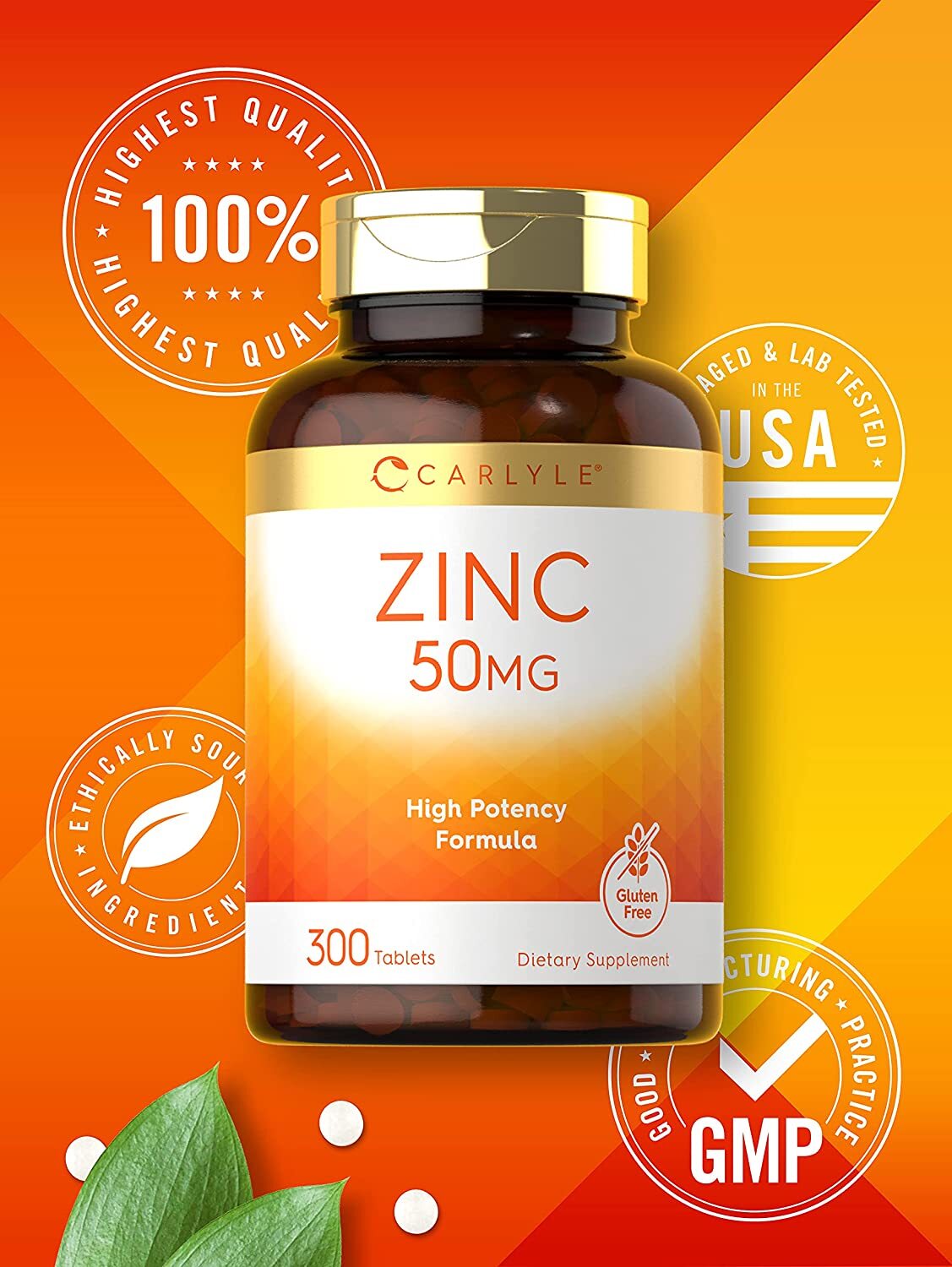 Zinc 50mg | 300 Tablets | Vegetarian | Non-GMO & Gluten Free | by Carlyle