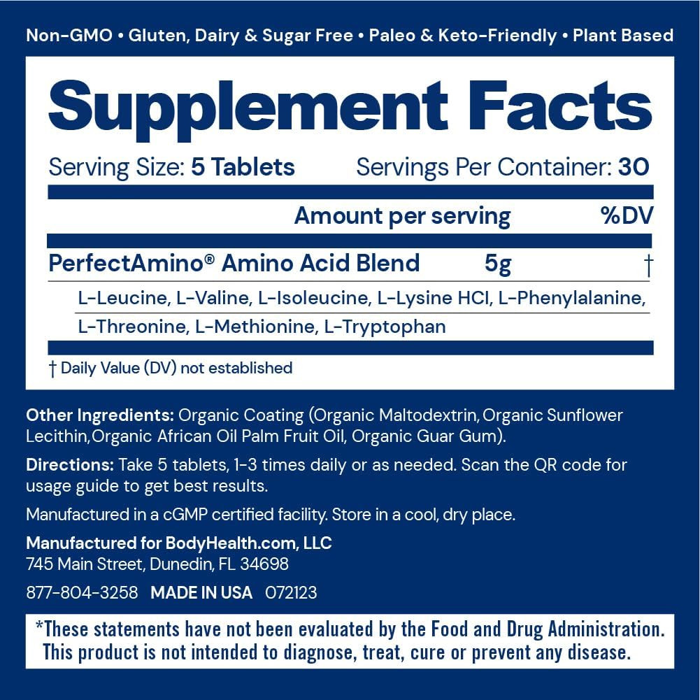 Perfectamino Easy to Swallow Tablets, Essential Amino Acids Supplement with Bcaa