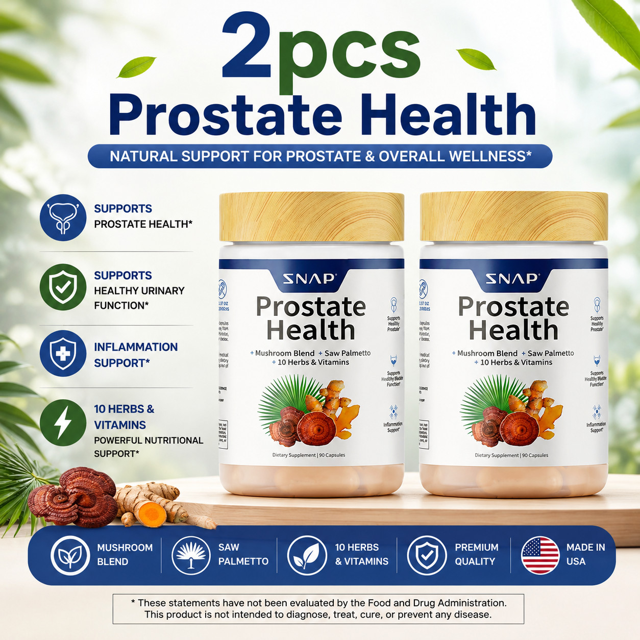 SNAP Prostate Health 90 Capsules | Mushroom + Saw Palmetto + 10 Herbs & Vitamins