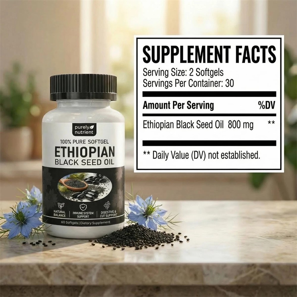 Ethiopian Black Seed Oil Softgels |4.64% Thymoquinone |Gluten-Free, 60 capsules