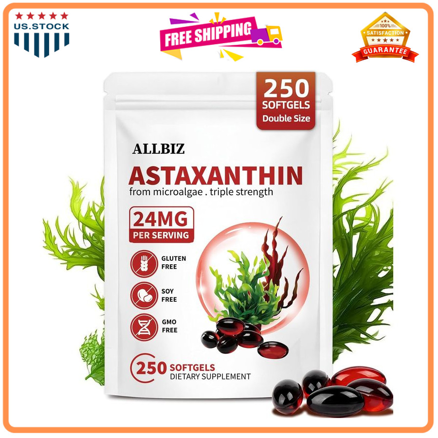 ALLBIZ Astaxanthin 24mg 250 Softgels Antioxidant Eye Skin Brain Liver Support