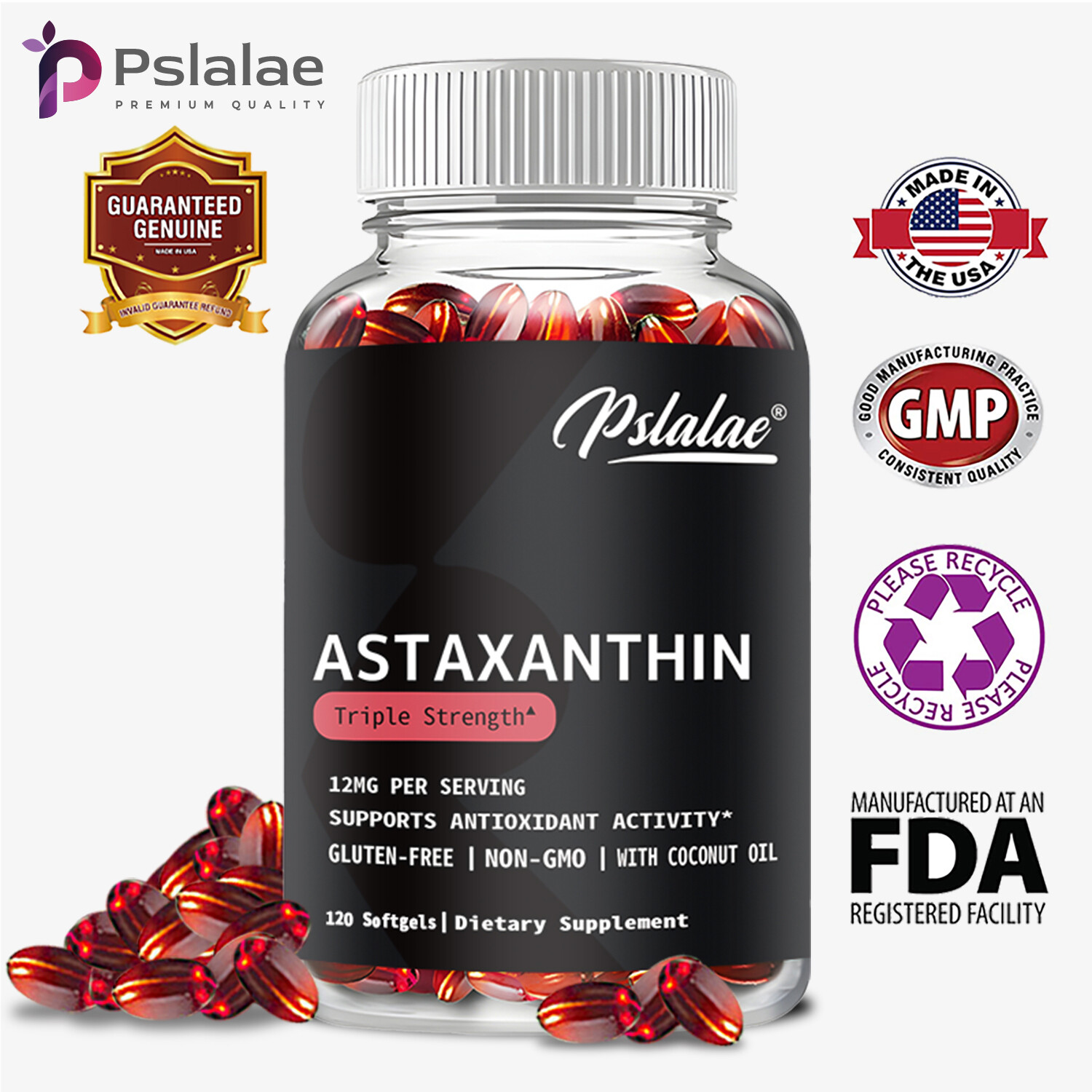 Astaxanthin 12mg – Anti-aging, Anti-wrinkle, Helps Cardiovascular Health,Non-GMO