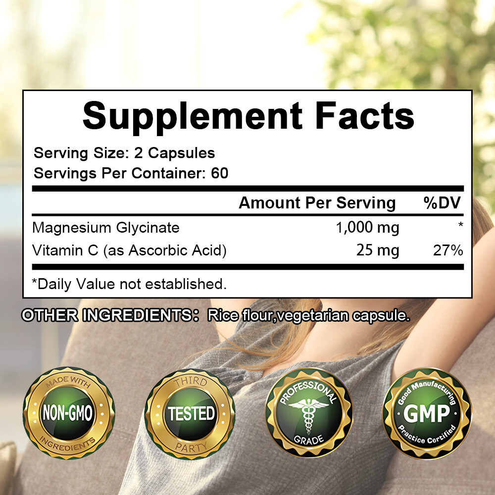 Magnesium Glycinate 1000mg – 30/60/120Caps For Sleep, Stress Relief Support Bone