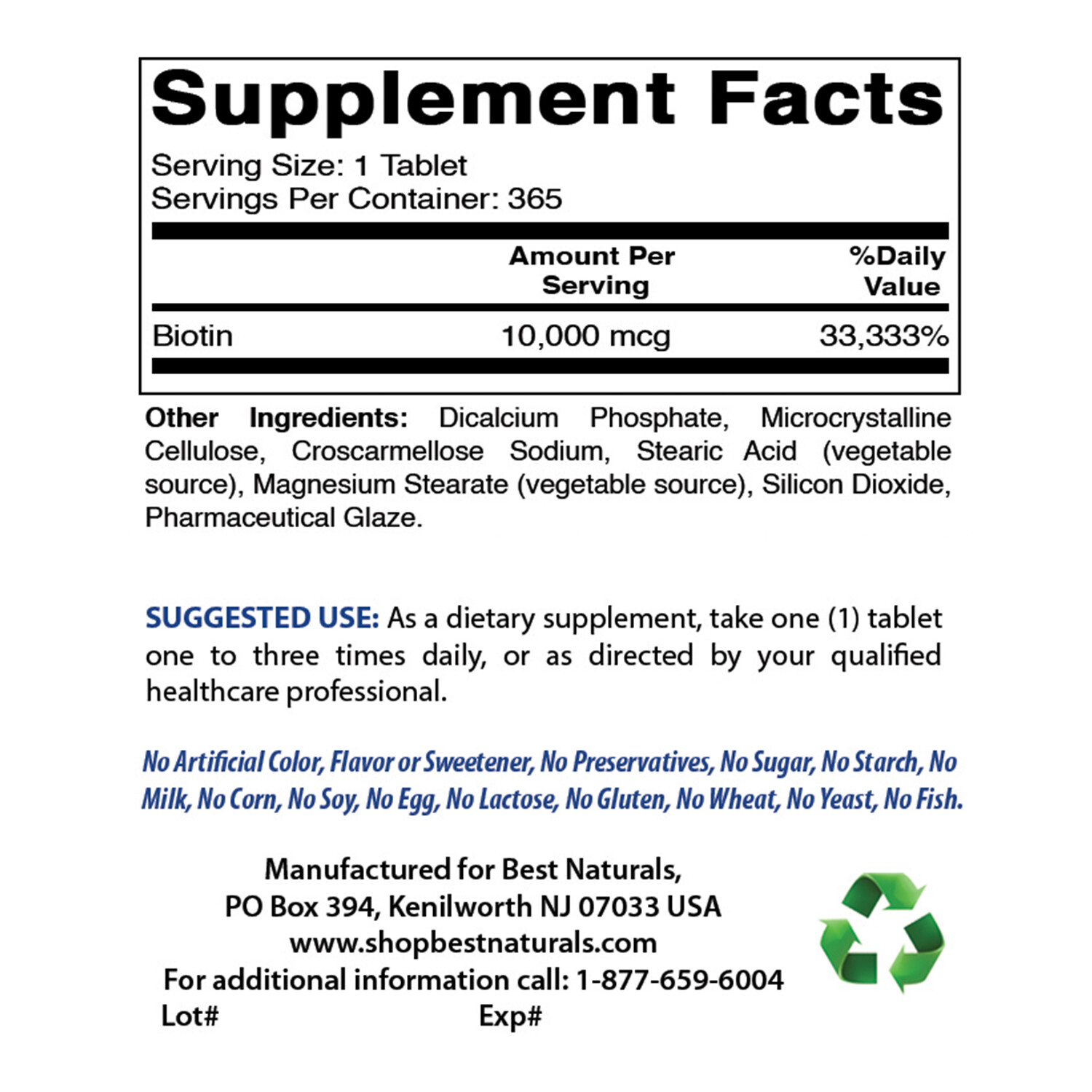 Best Naturals Biotin 10 000 mcg (10mg) 365 Tablets