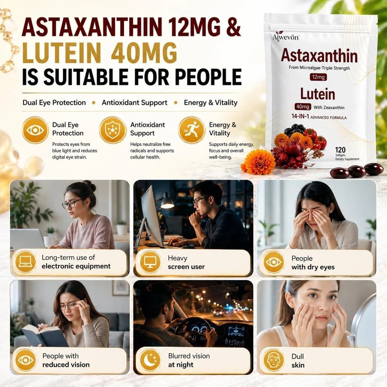 14-in-1 Astaxanthin 24mg & Lutein 40mg with Zeaxanthin Supplements