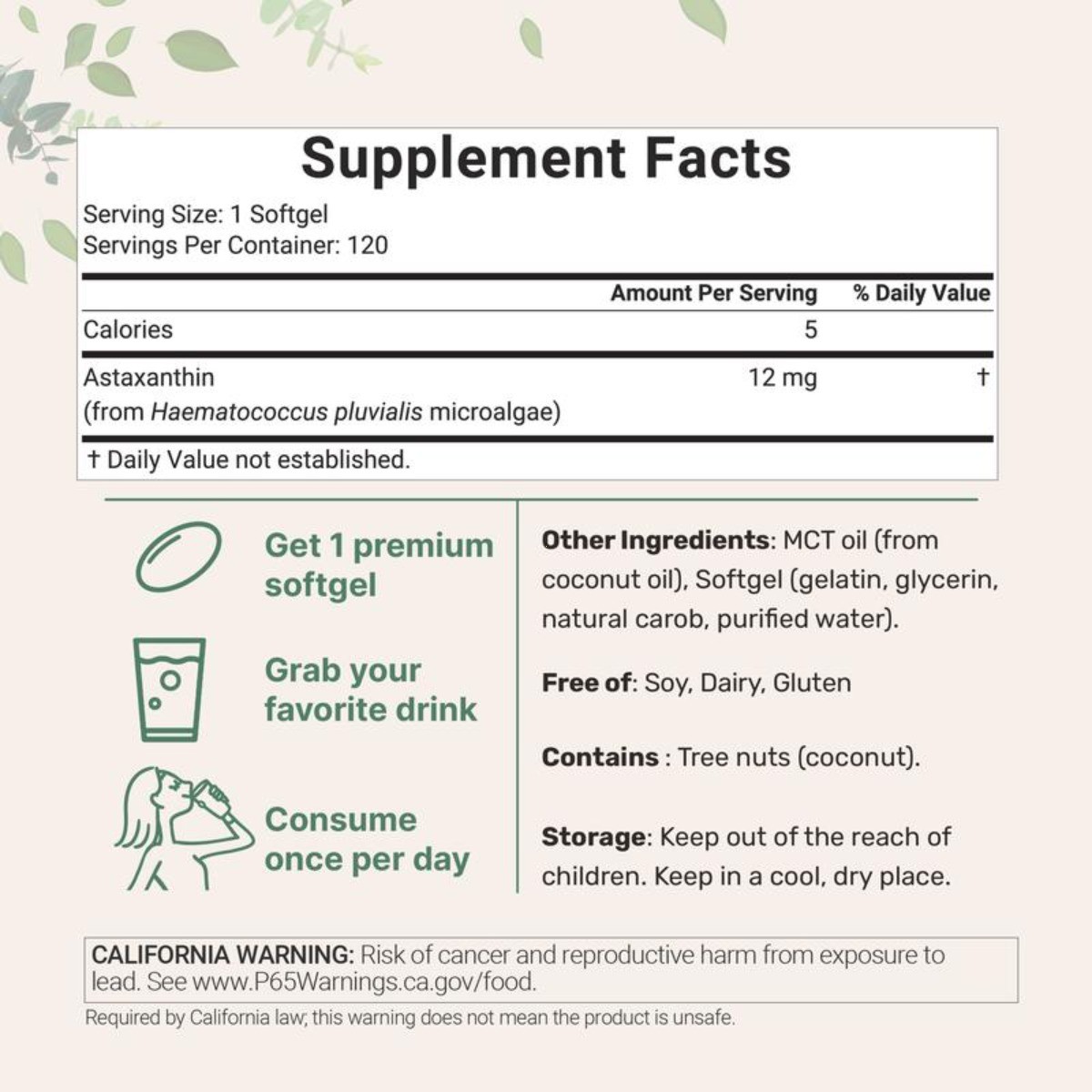 Micro Ingredients Astaxanthin 12mg Softgels, 120ct, Natural Antioxidant