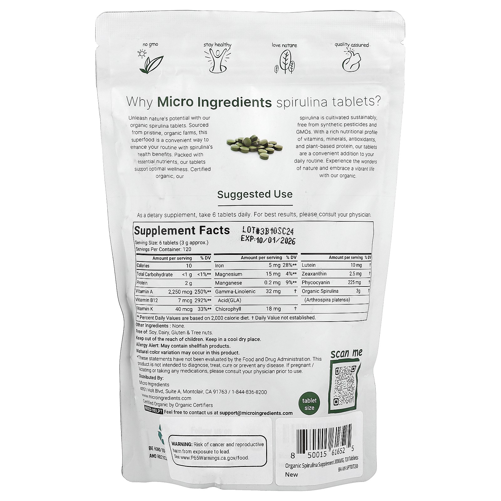 Organic Spirulina Tablet, 720 Tablets