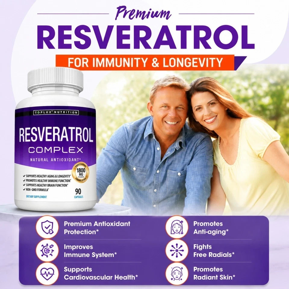 Resveratrol Complex 1800mg, Natural Antioxidant 90 Non-GMO Capsules