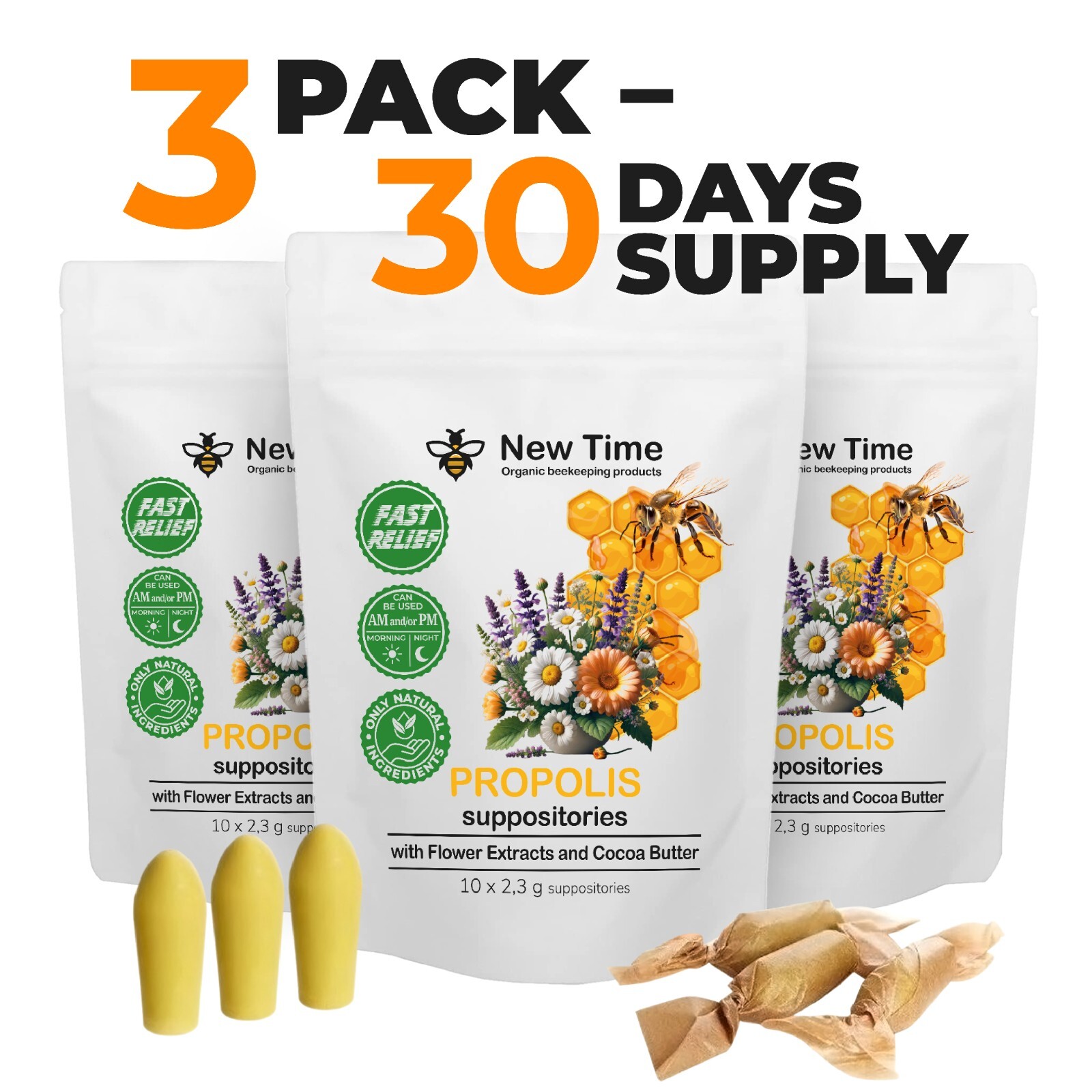 Propolis Suppositories for Men, Women, Organic Relief, 3 pack – 30 days supply