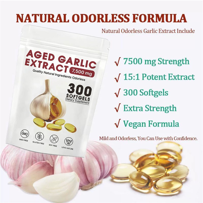 USA Odorless Garlic 7500mg Per Servings, 300 Softgels 2 Years Aged Garlic Extra