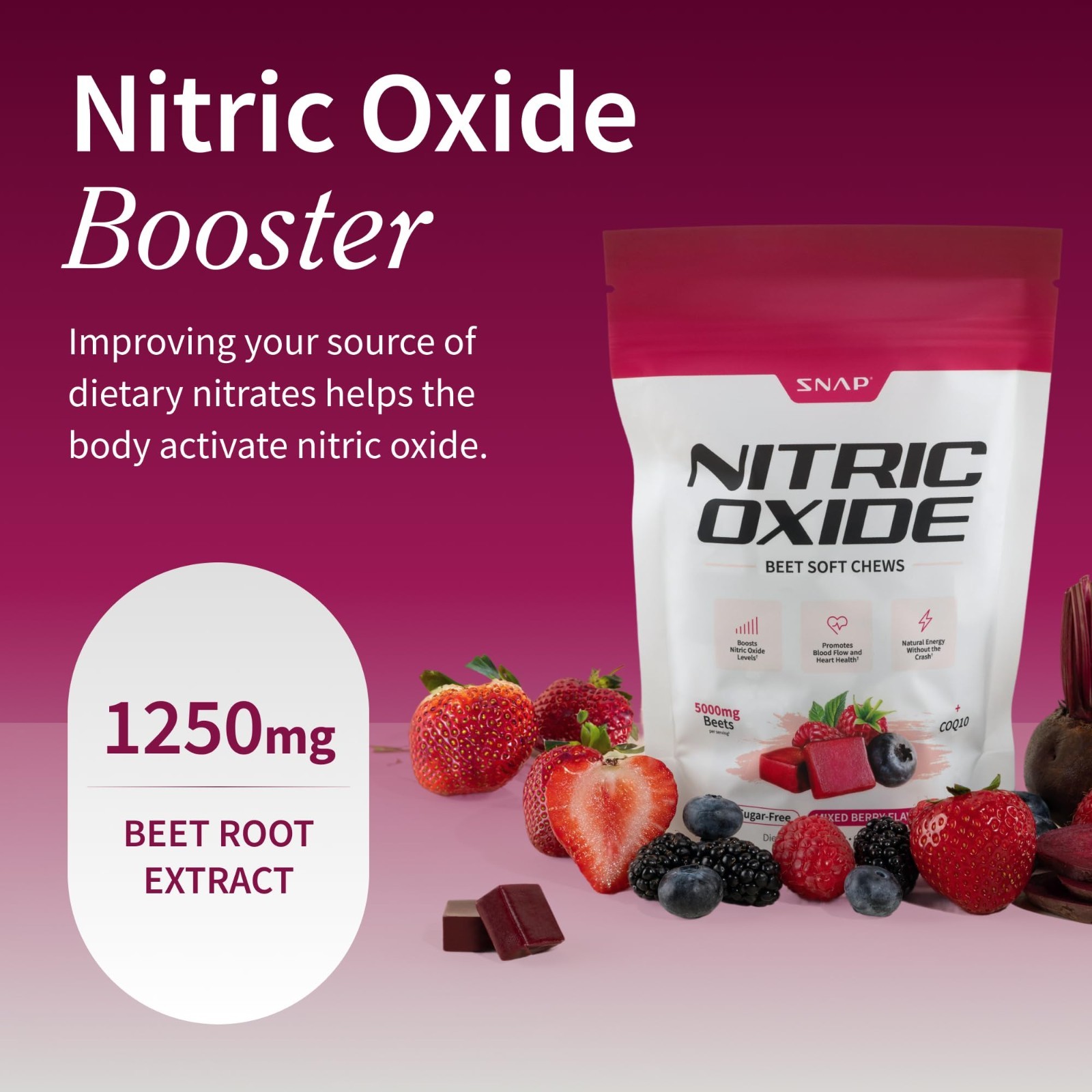 Nitric Oxide Beet Root Chews – 60 Soft Chews, 1,250mg Beet Extract, CoQ10, Acai,