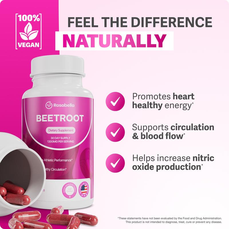 3 Pack of Rosabella Organic Beetroot Capsules (1300mg) for Blood Flow & Heart He