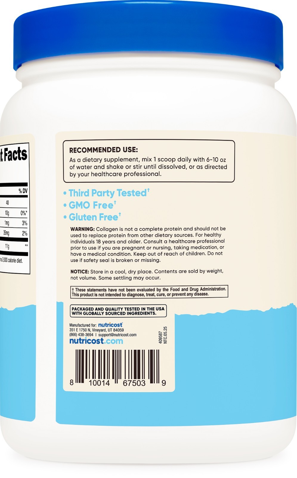 Nutricost Pure Collagen Hydrolysate (Bovine) Powder – Grass Fed, 1LB (454g)