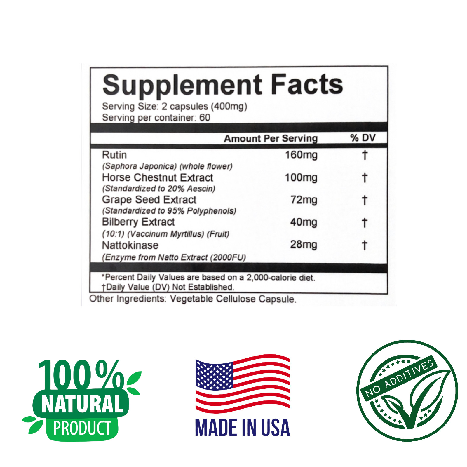 BILBERRY, GRAPE SEED, RUTIN, NATTOKINASE, 120 Capsules, Boost Vein Flexibility.