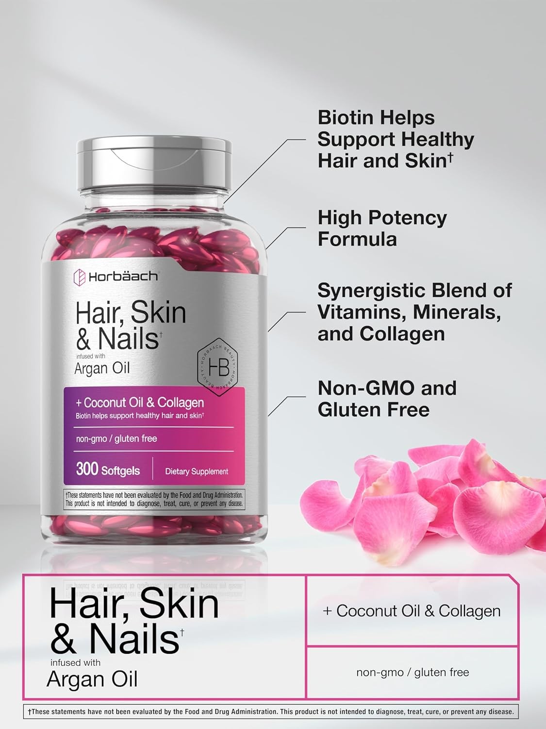 Hair Skin and Nails Vitamins | 300 Softgels | Biotin and Collagen | by Horbaach