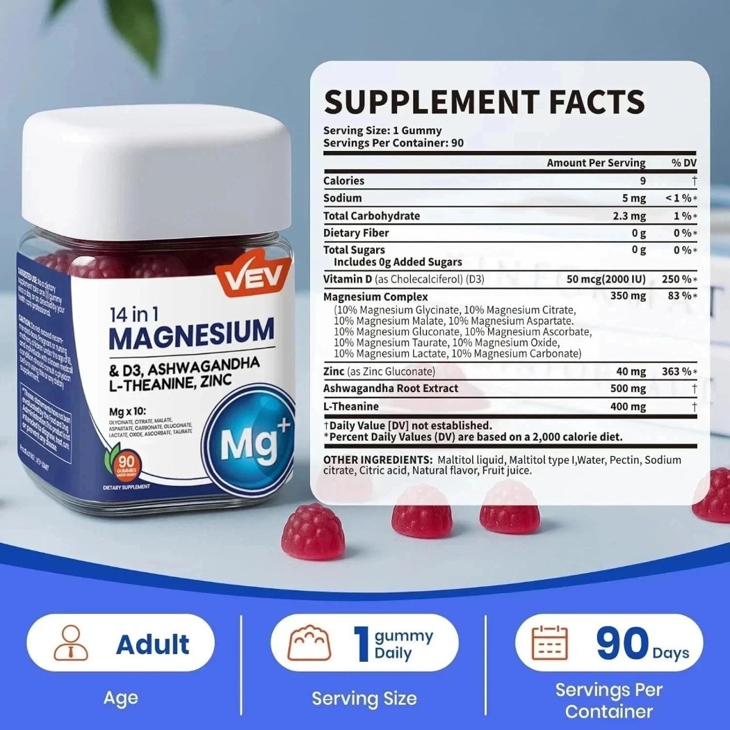 2-Pack VEV 14-in-1 Magnesium Gummies with Vitamin D3 & Ashwagandha 90 Count