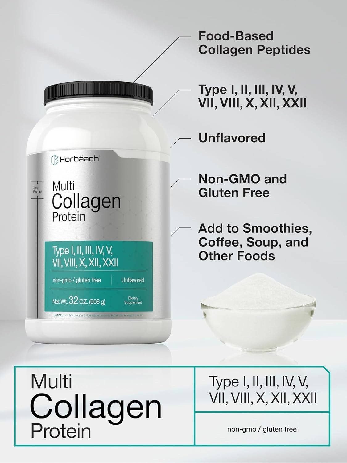 Horbaach Multi Collagen Protein Powder 32oz Types I II III Grass Fed Keto