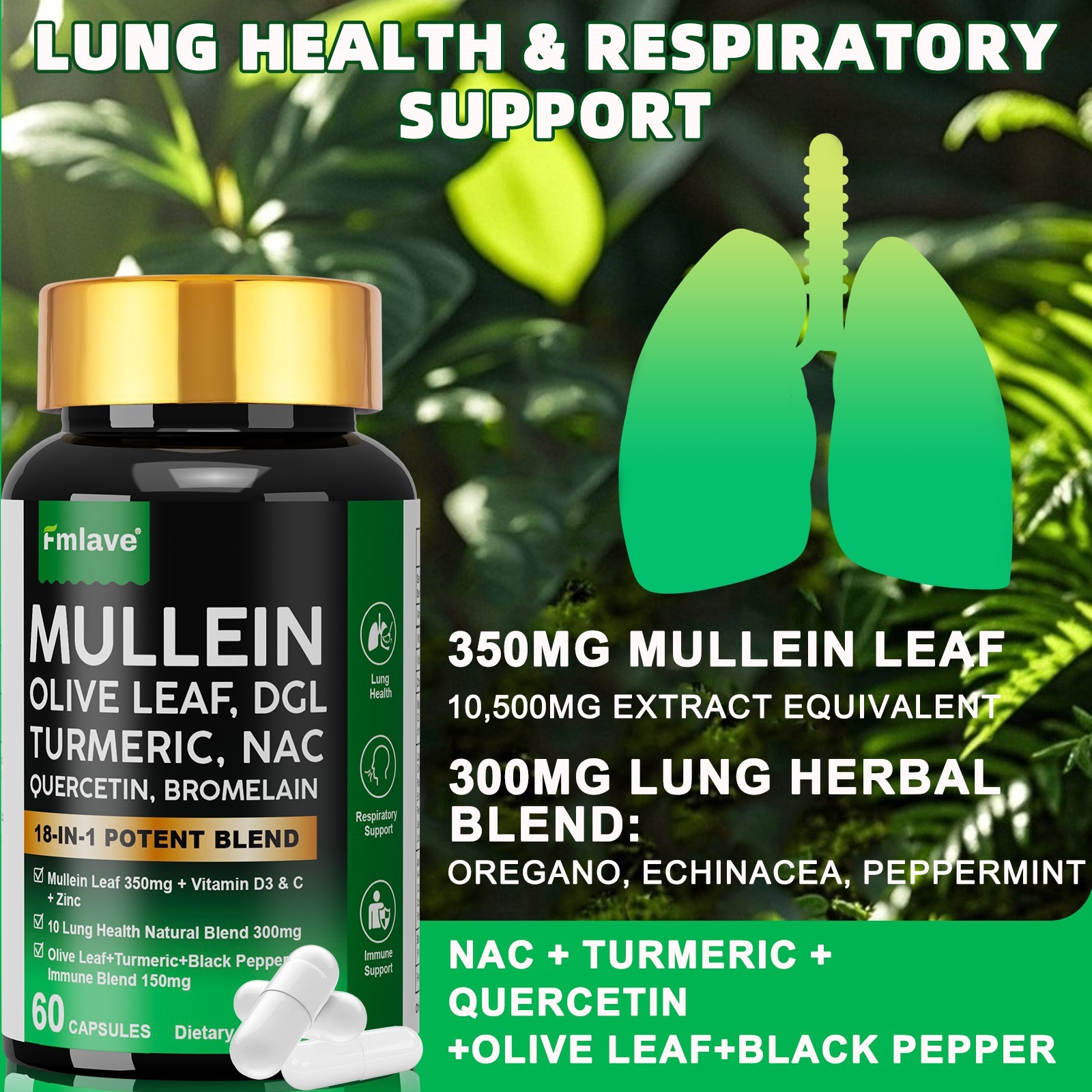 18-in-1 lung complex Mullein Extract Supplement Lung Detox & Cleanse Respiratory