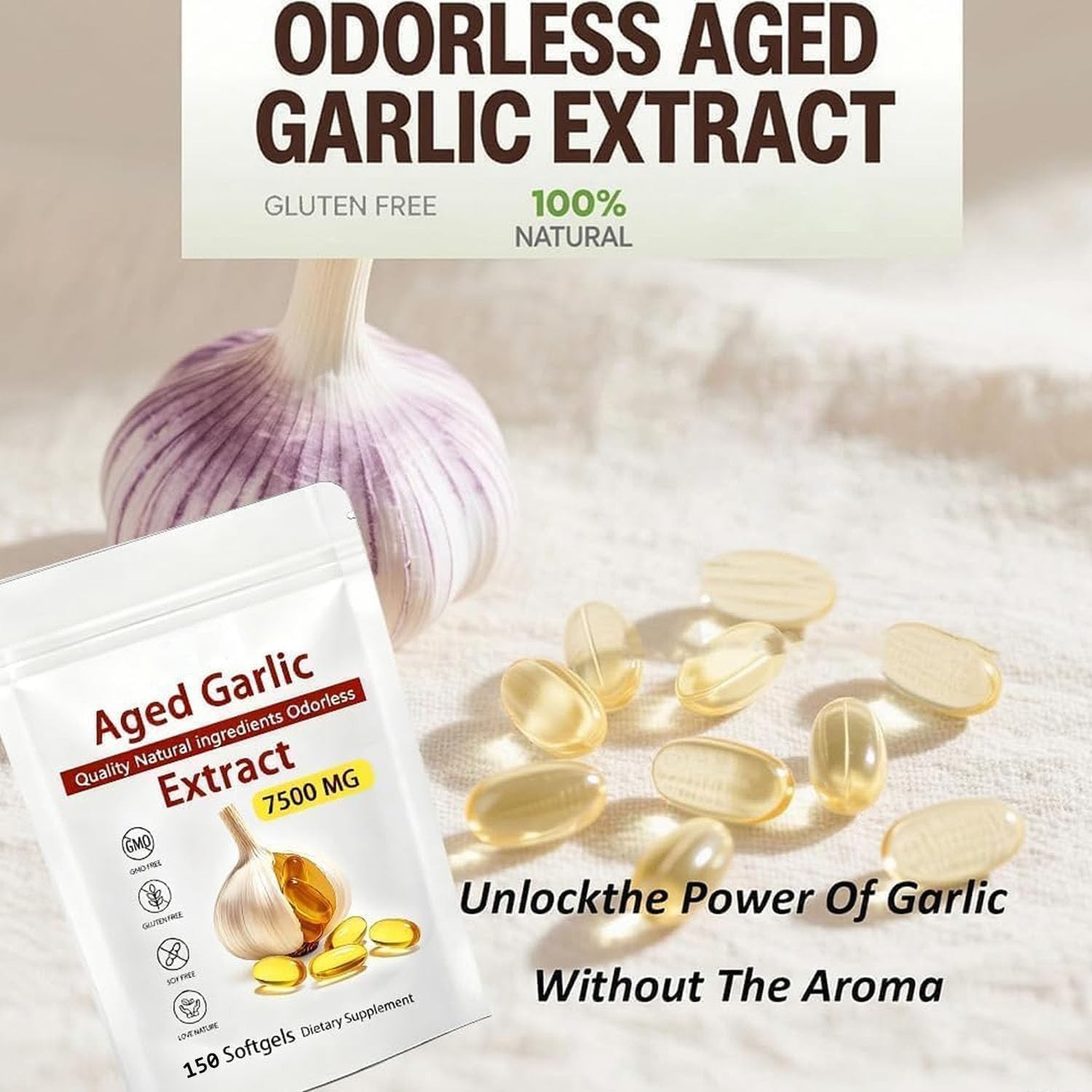 Odorless Garlic 7500mg Per Servings, 150 Softgels | 2 Years Aged Garlic Extract