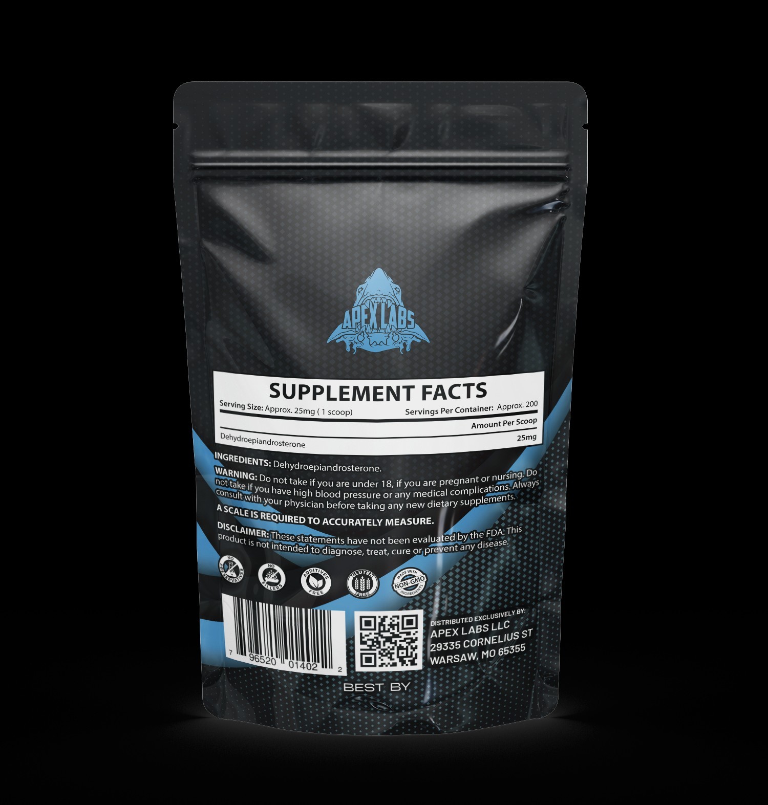 Apex Labs DHEA Powder–25mg Per Serving. Scoop Included. Athletes, Bodybuilding