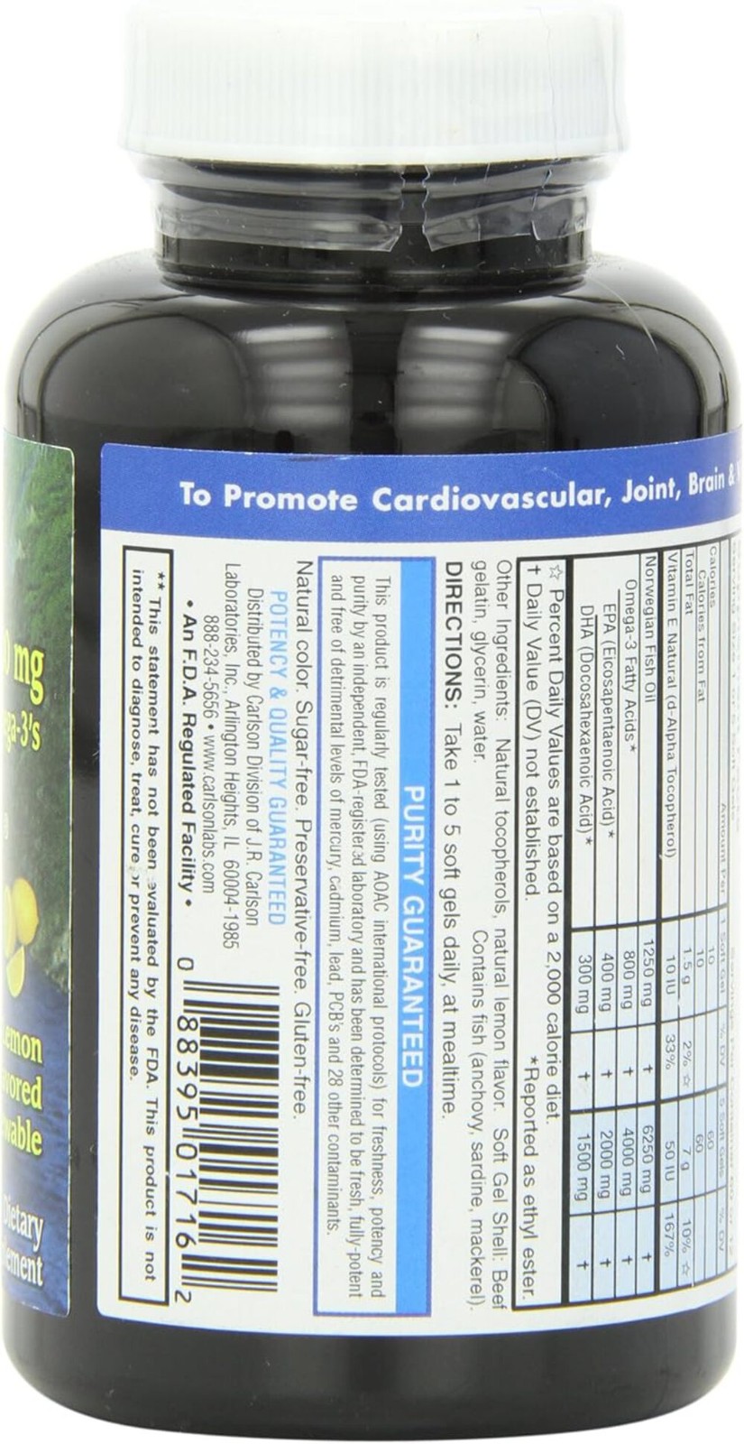 Carlson Labs Elite Omega-3 Gems Fish Oil 1250mg, 60 Softgels