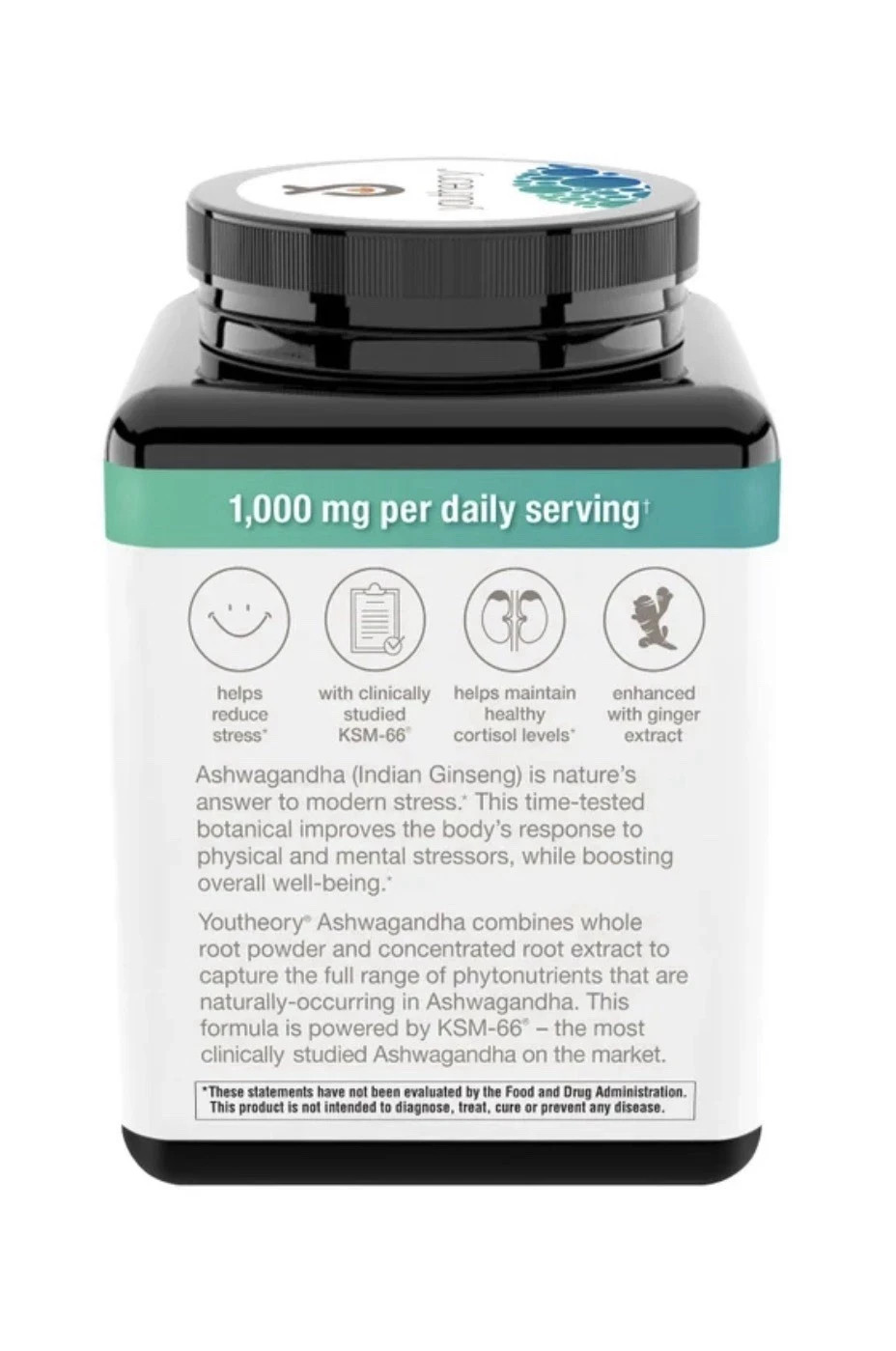 Youtheory Ashwagandha 1000mg 180 Capsule Stress Mood Cortisol Support Supplement