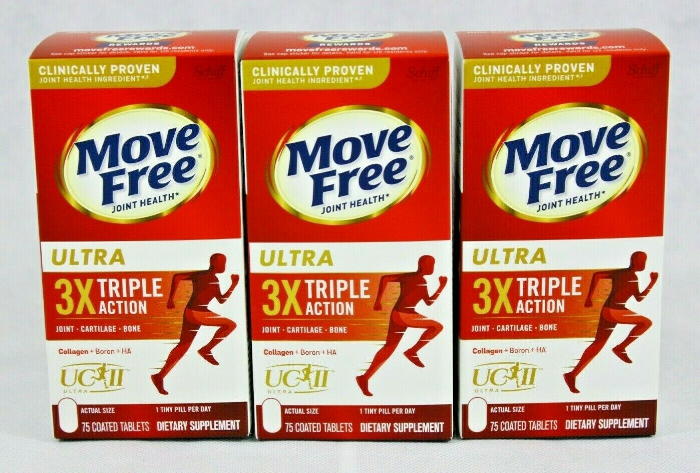3 Bottles Schiff Move Free Ultra Triple Action 75 Tiny Tablets with UC II 09/26