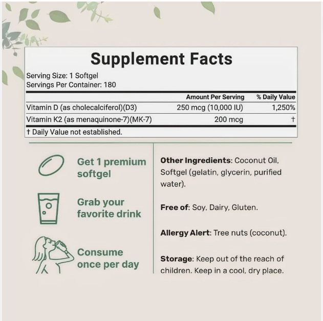 Vitamin D3 10000 iu Plus K2 (MK-7) 200 mcg, 300 Virgin Coconut Oil Softgels