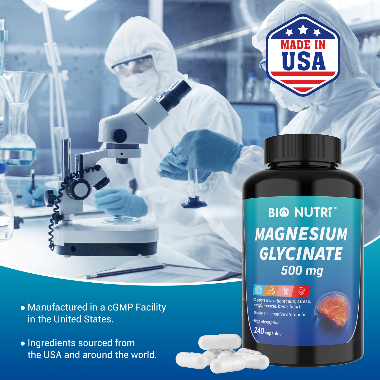 Magnesium Glycinate 500mg 240 Capsules For Sleep Stress Relief Support Bone Lot