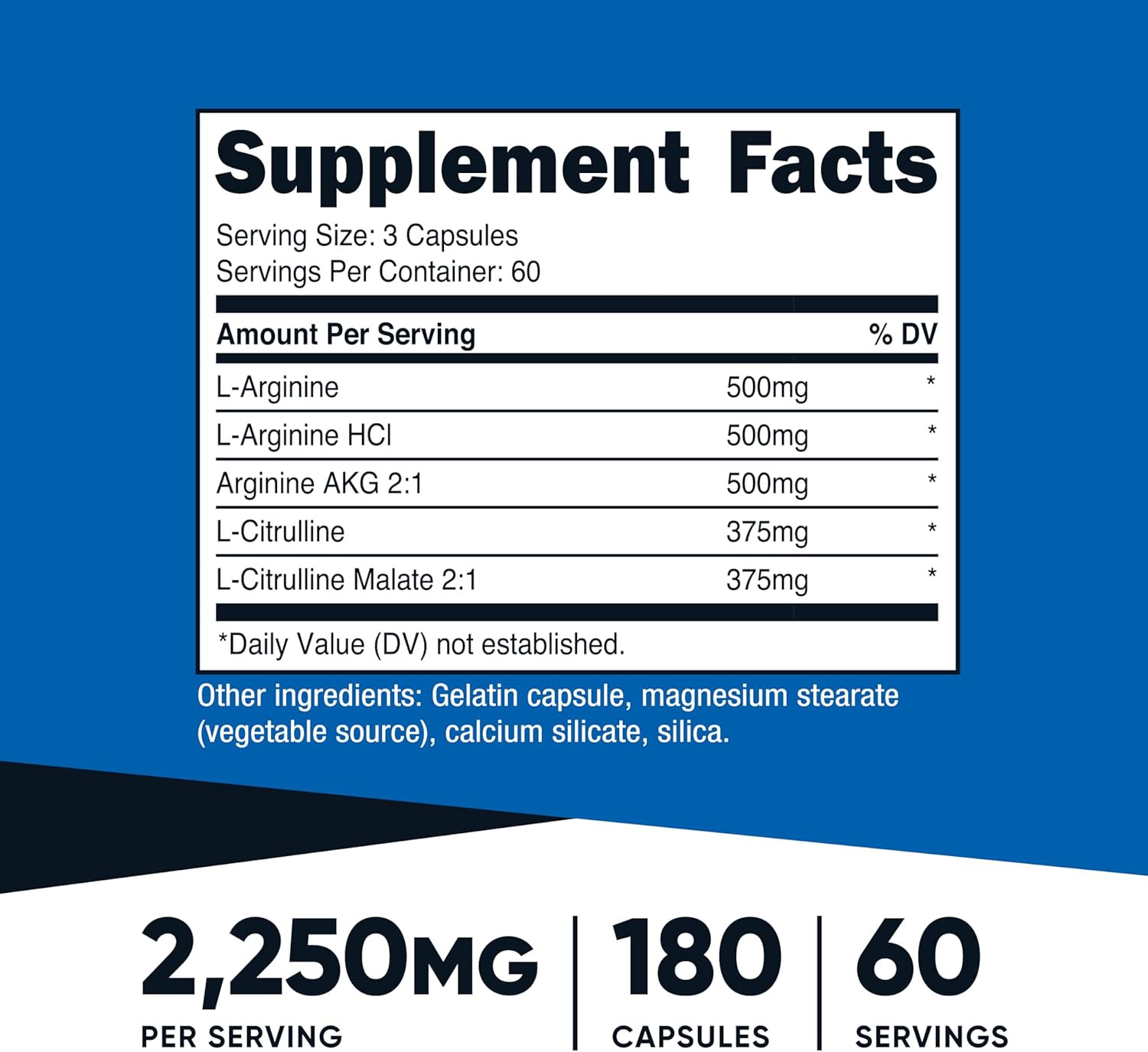 Nutricost Nitric Oxide Booster 2250mg Unflavored Supplement 180 Capsules