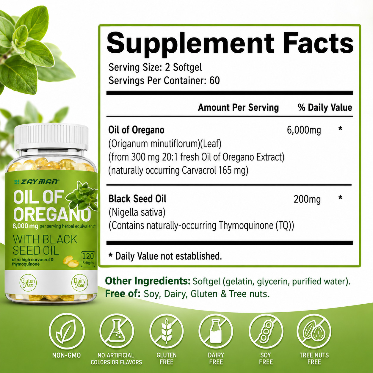 2 in 1 Oil of Oregano & Black Seed Softgels Count with Carvacrol,Immune Support