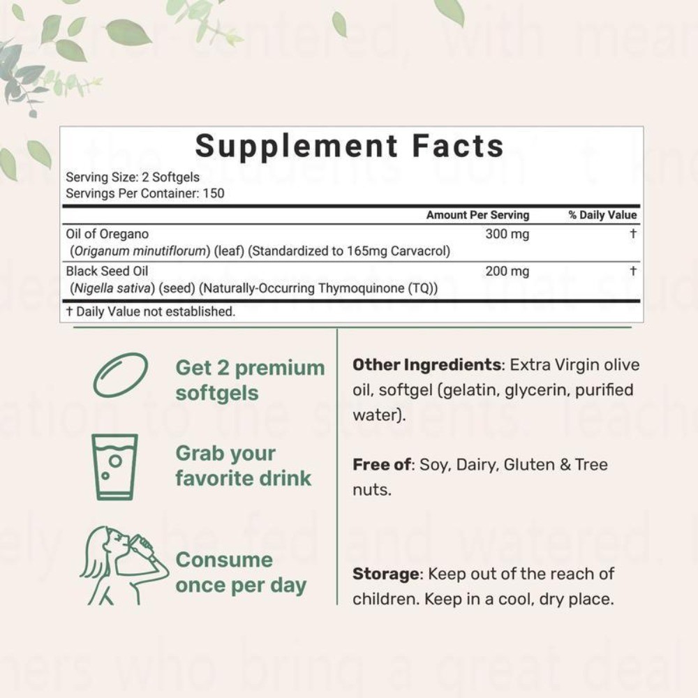2 in 1 Oil of Oregano & Black Seed Softgels Count with Carvacrol,Immune Support