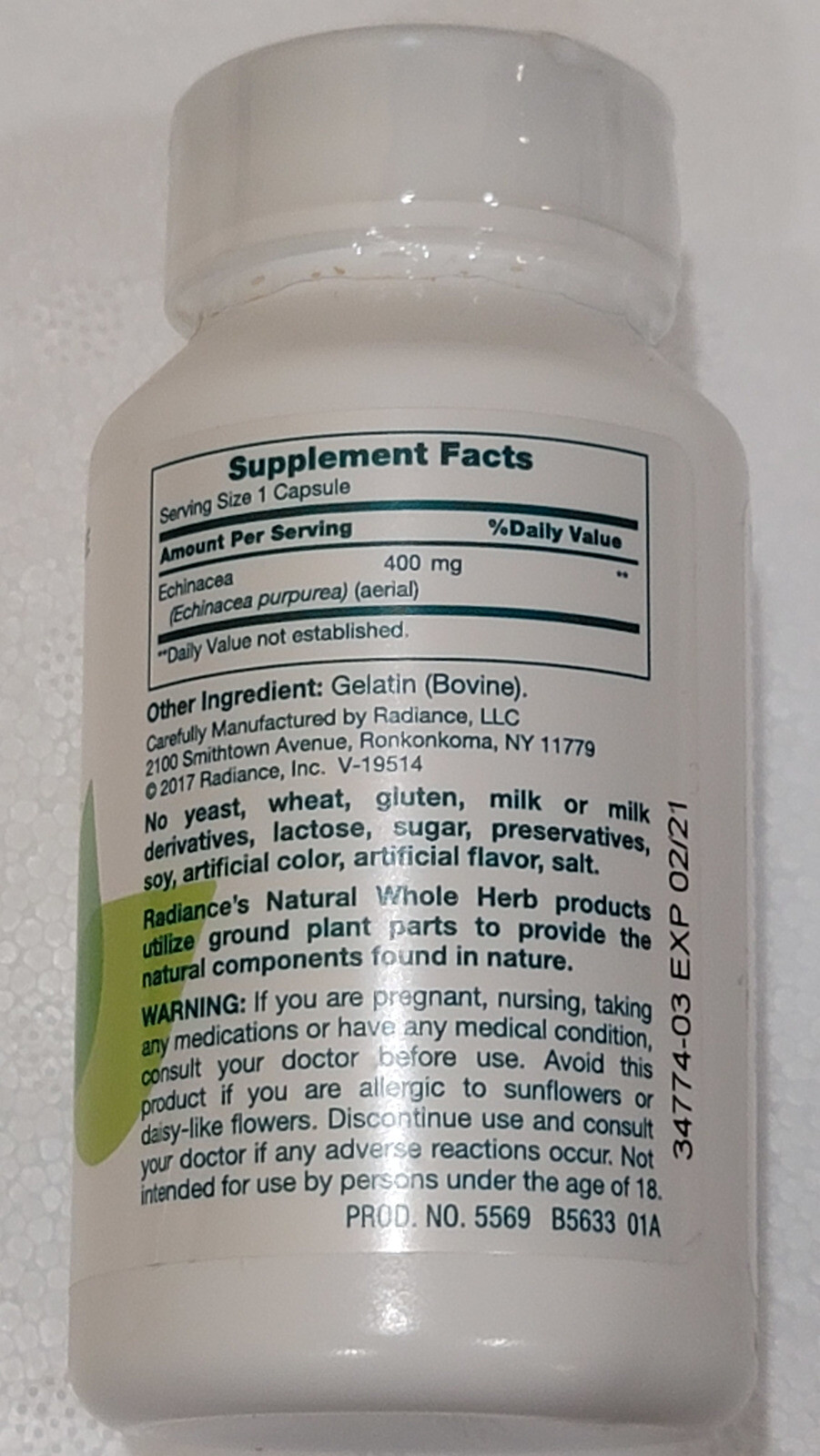 LOT OF 2: Radiance Echinacea Immune System Support 400mg 100 Capsules